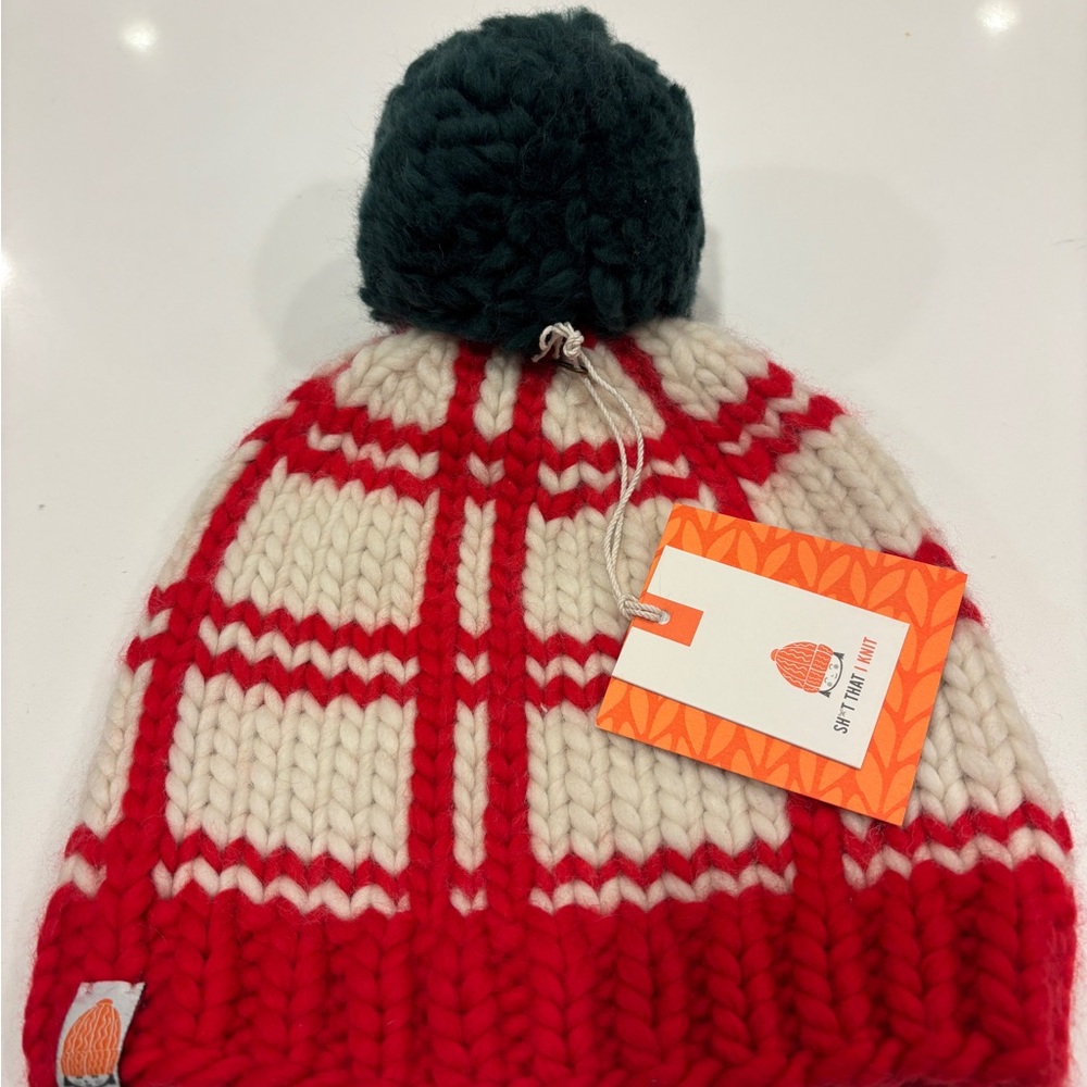 NWT Sh*t that I Knit Red and Cream beanie with green and faux fur poms
